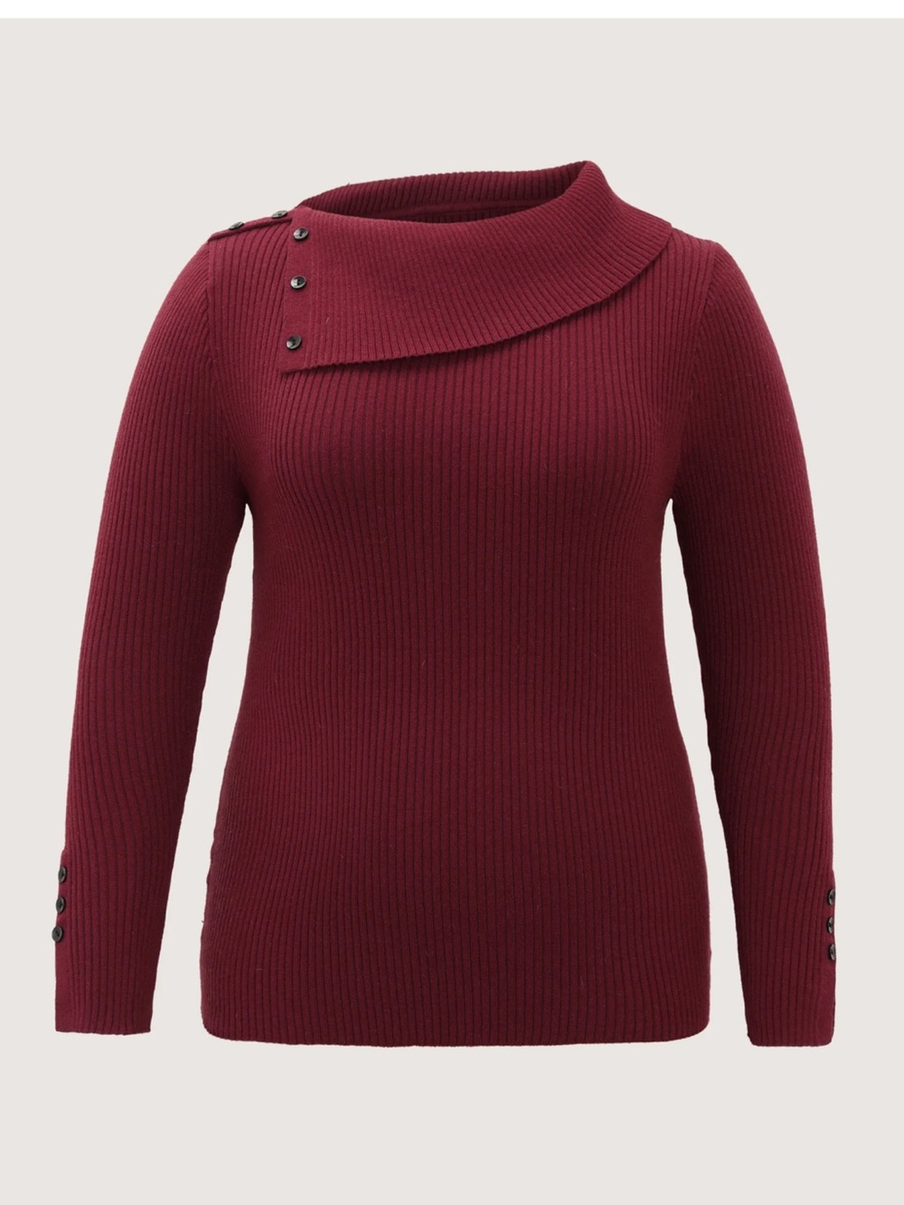 BloomChic Asymmetric Button Turtleneck Sweater - Burgundy